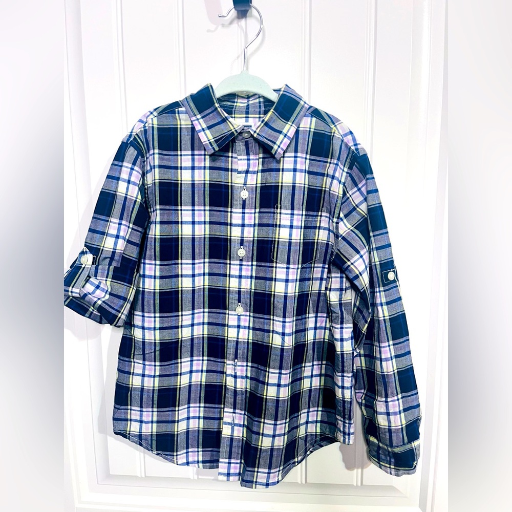 JANIE AND JACK navy plaid boys shirt Size 6 long sleeve with optional roll cuff